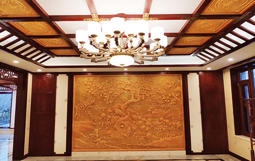 庐江中式别墅客厅中式木作横梁吊顶装饰展示